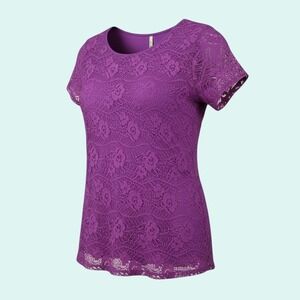 LuLaRoe Women's Purple Floral Lace Top L Short Sleeve Blouse